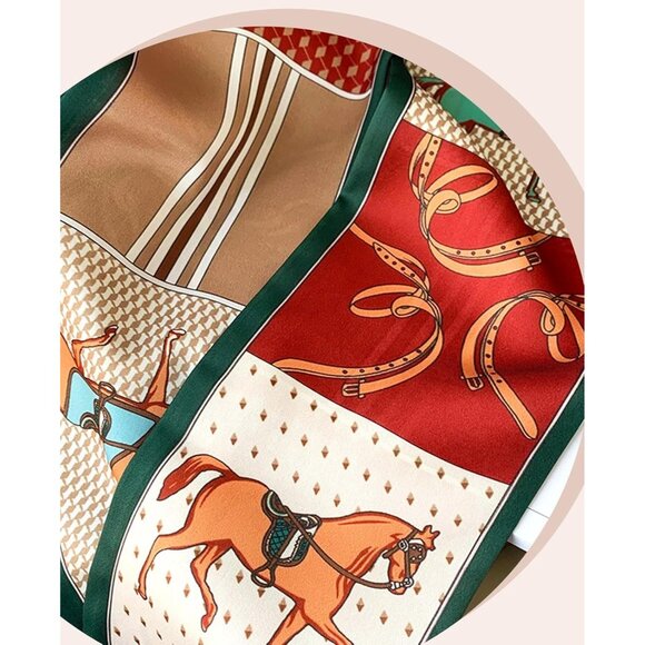 Women's Green Horse Fashion Oblique Angle Silk Neck Scarf Printed Scarves - Picture 7 of 7